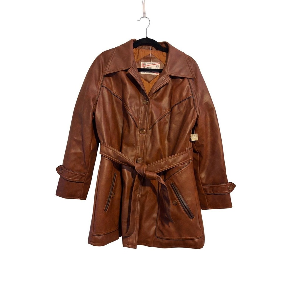 Vintage Kmart Leather Look Pantcoat‎ Brown Faux Leather Belted Jacket 70s 18.5
